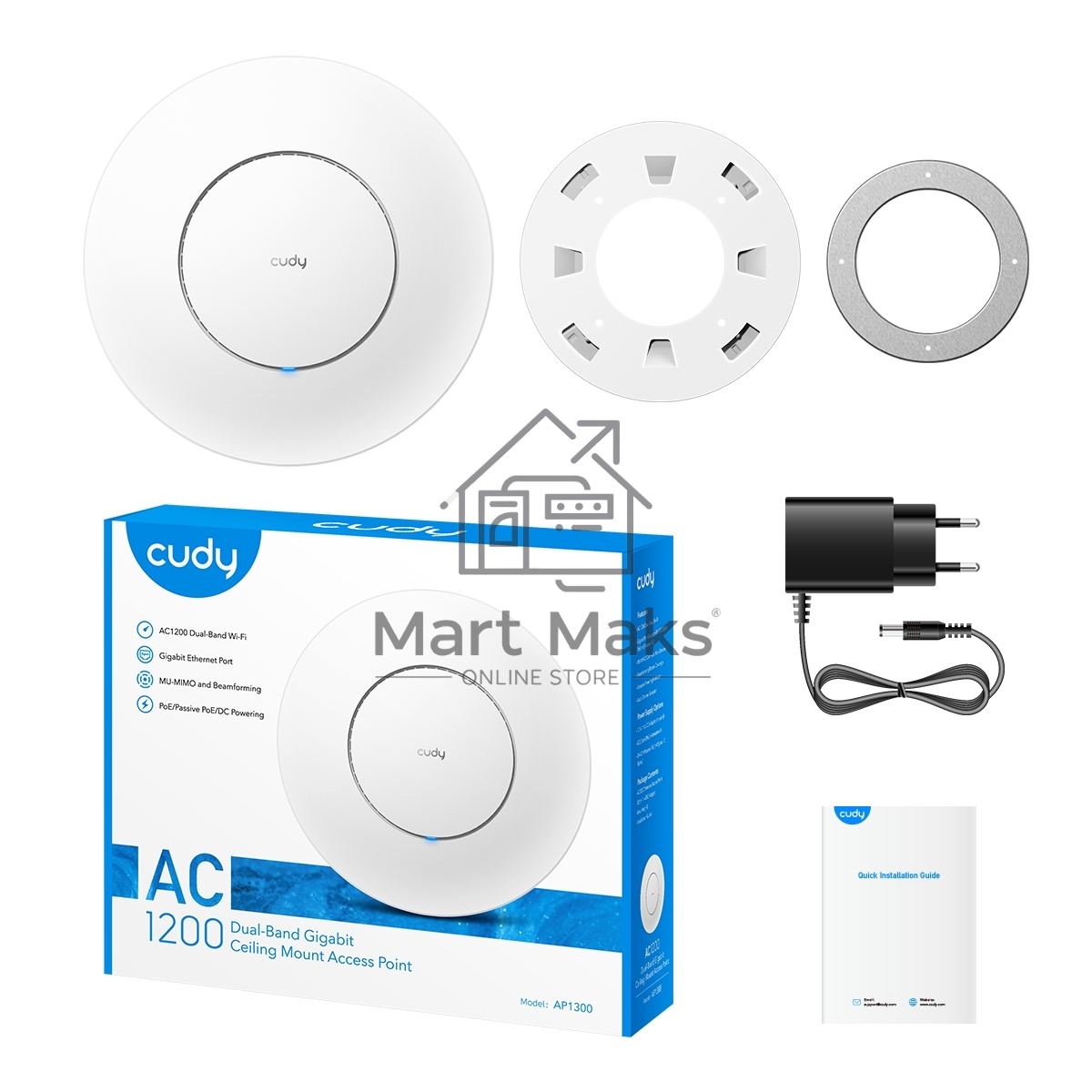 Точка доступа CUDY AC1200 Dual Band Gigabit Ceiling Mount Access Point, MT7621DAN+MT7613B+MT7603E, 867Mbps at 5GHz + 300Mbps at 2.4GHz, 1 x GbE RJ45 Port, Support 12V DC or 802.3af PoE or Passive PoE, Internal Antennas, 48V passive PoE adapter included, C