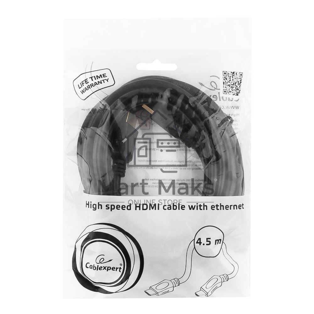 Кабель Cablexpert HDMI CC-HDMI4L-15, 19M/19M, v2.0, серия Light, позол.разъемы, экран, 4.5м, черный, пакет