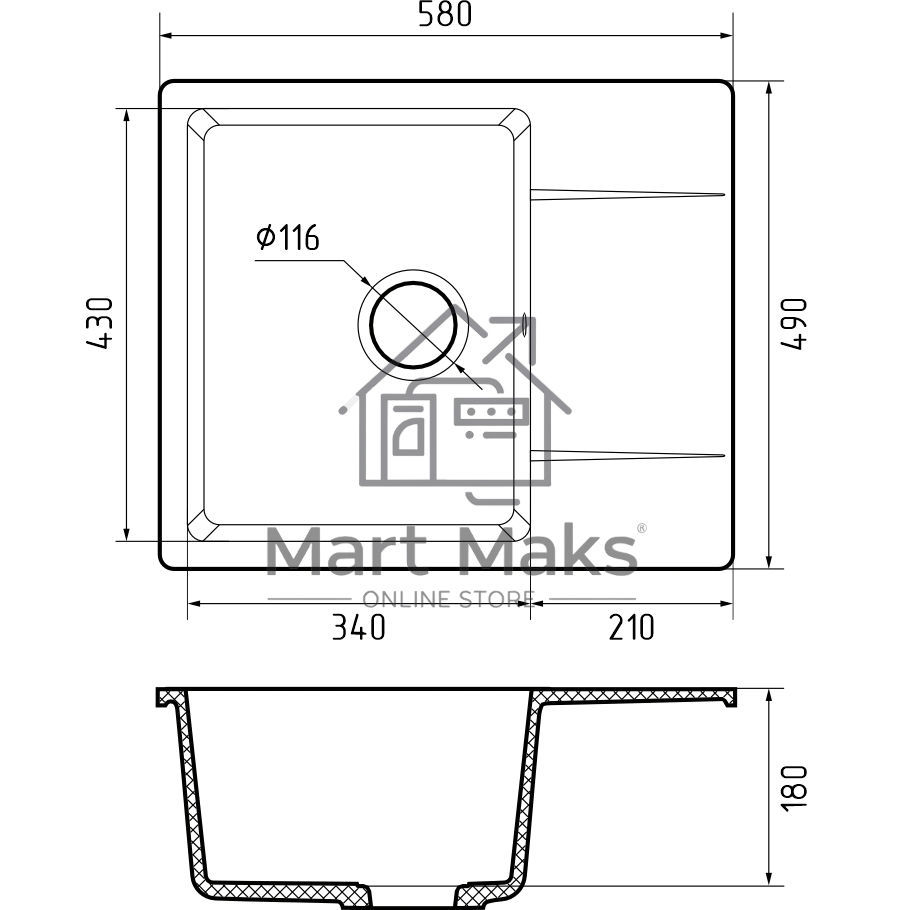 Мойка GRANFEST URBAN 258L 1-чаша+крыло 580*490мм, монтаж: врезной, материал: кварц, серый