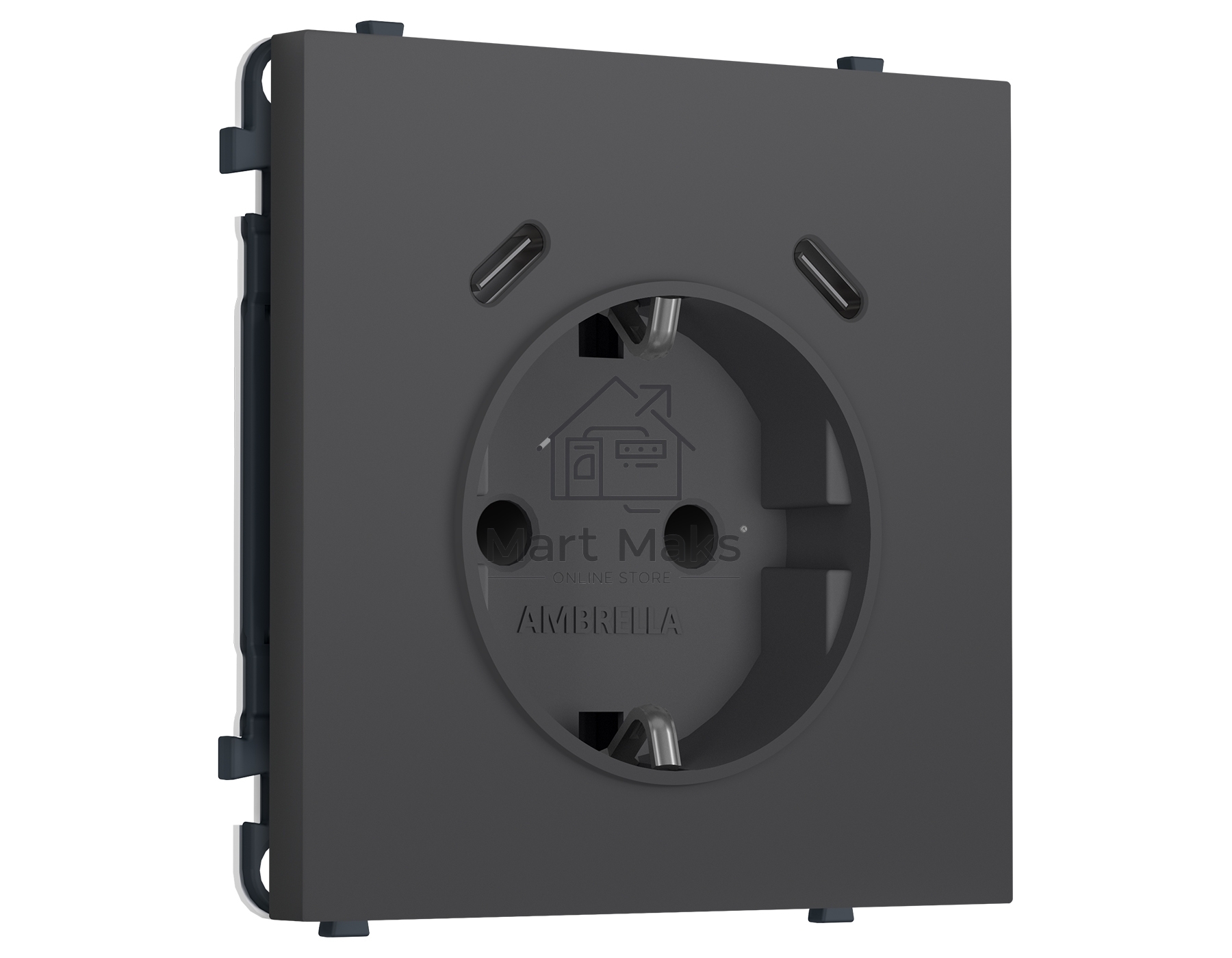 Комплект механизма электрической розетки SIGMA Графит Мягкое касание 2USB С+C 20W (быст. зар.) с/з с/ш 16A-250V QUANT PRO (SP9105, PR165)