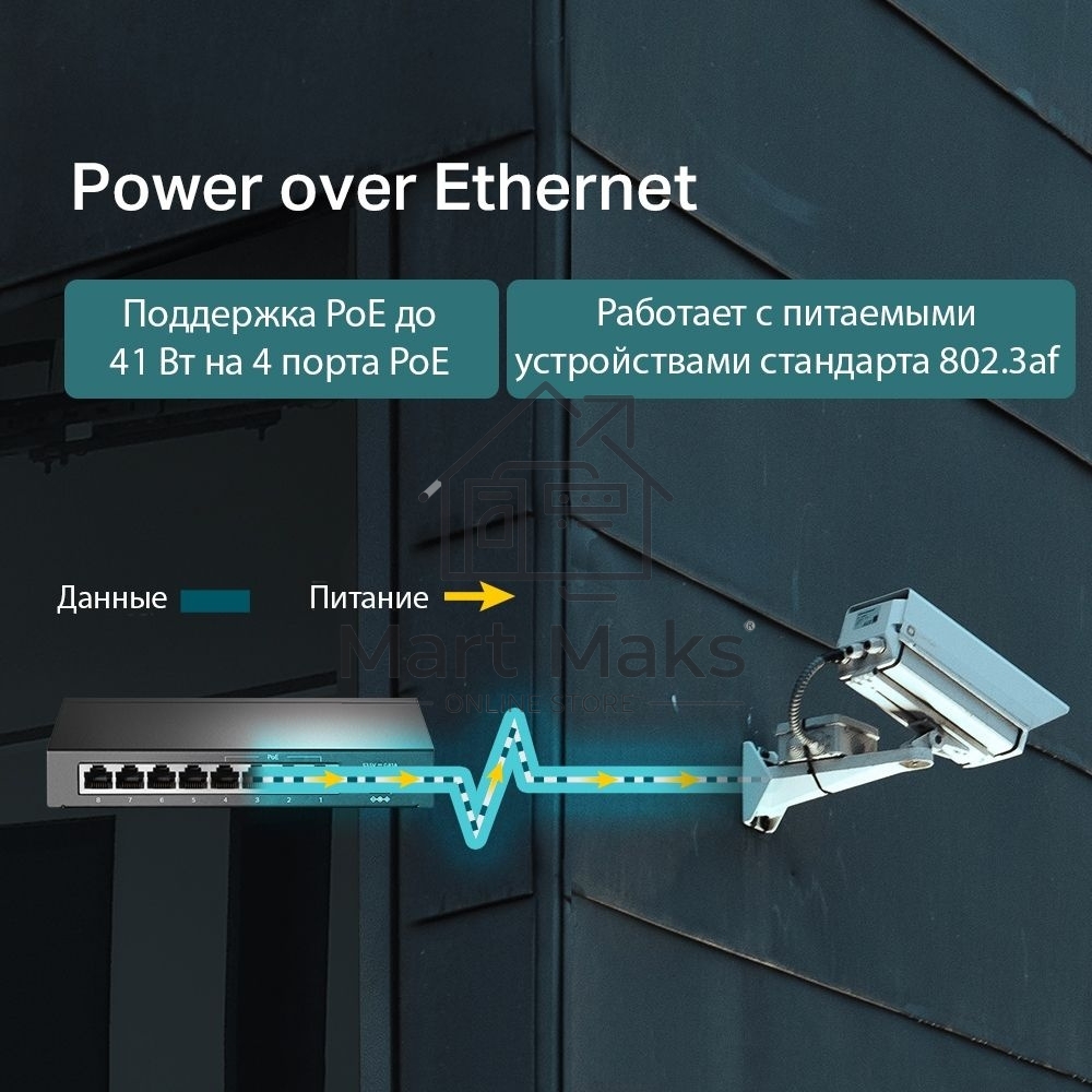 Коммутатор TP-Link 8-Port 10/100Mbps Unmanaged Switch with 4-Port PoE, metal case, desktop mount, PoE budget 41W.