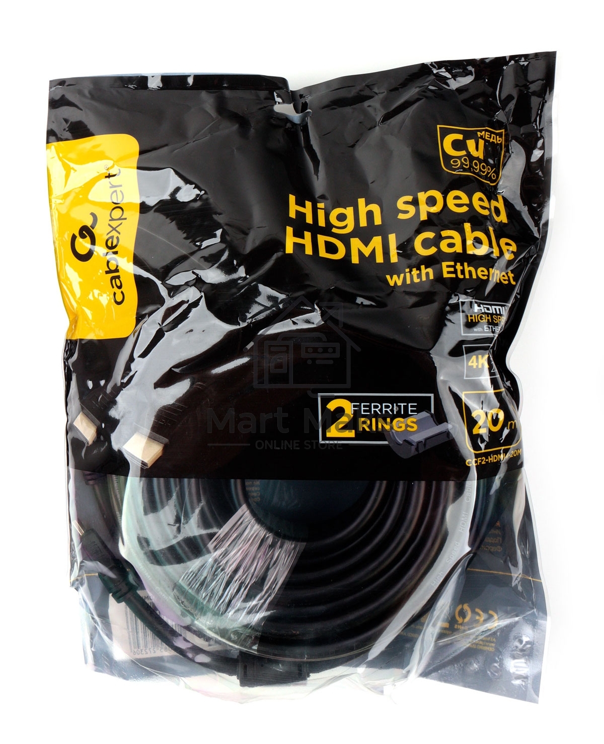 Кабель HDMI Cablexpert CCF2-HDMI4-20M, 19M/19M, v2.0, медь, позол.разъемы, экран, 2 фер.кольца, 20м, черный, пакет