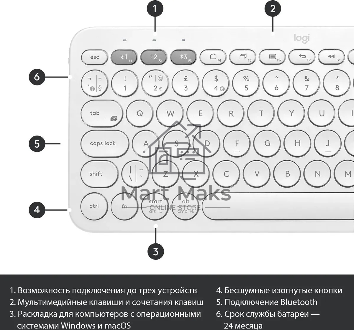 Клавиатура беспроводная Logitech K380, Bluetooth, белый