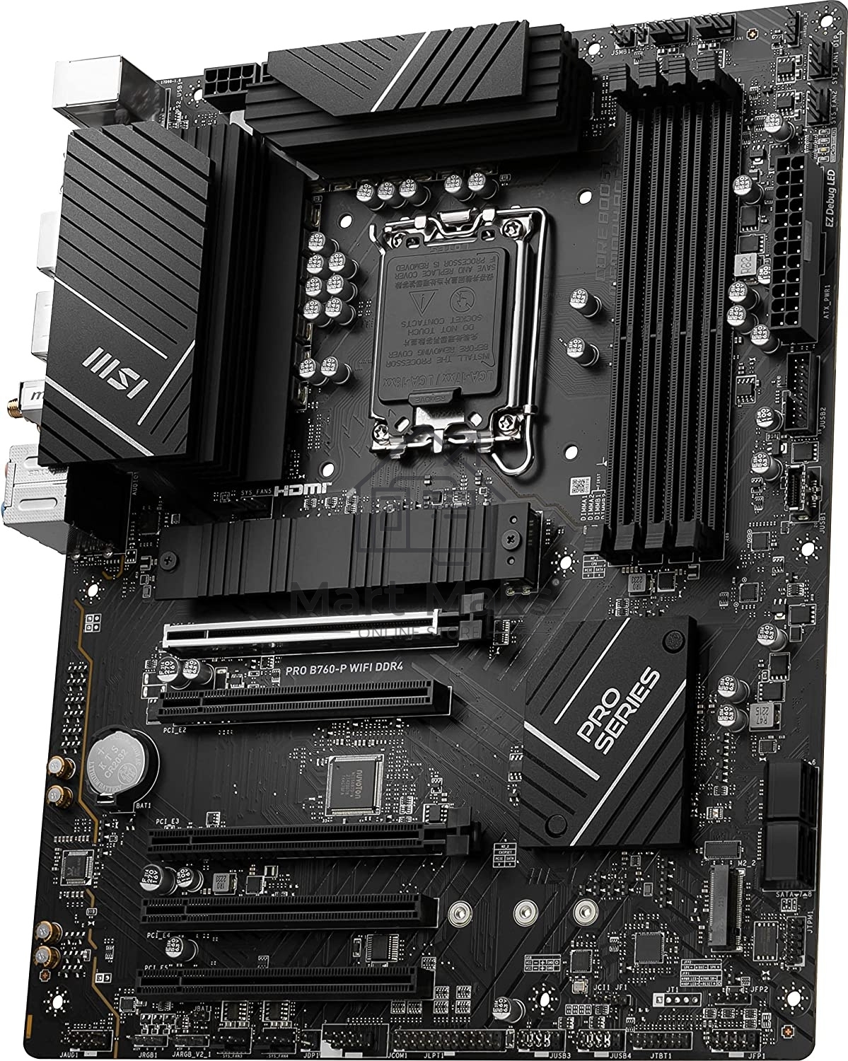 Материнская плата MSI PRO B760-P WIFI DDR4, LGA 1700, Intel B760, 4xDDR4, 4xSATA, 2xM.2, 1xPCIe 4.0 x16, 1xPCIe 4.0 x4, 3xPCIe 3.0 x1, 1xHDMI, 1xDP, 1xRJ45 2.5Gb, Wi-Fi 6E, Bluetooth 5.3, 1xUSB-C 3.2 Gen 2, 2xUSB-A 3.2 Gen 2, 4xUSB-A 2.0, 5x3.5мм, TOSLINK