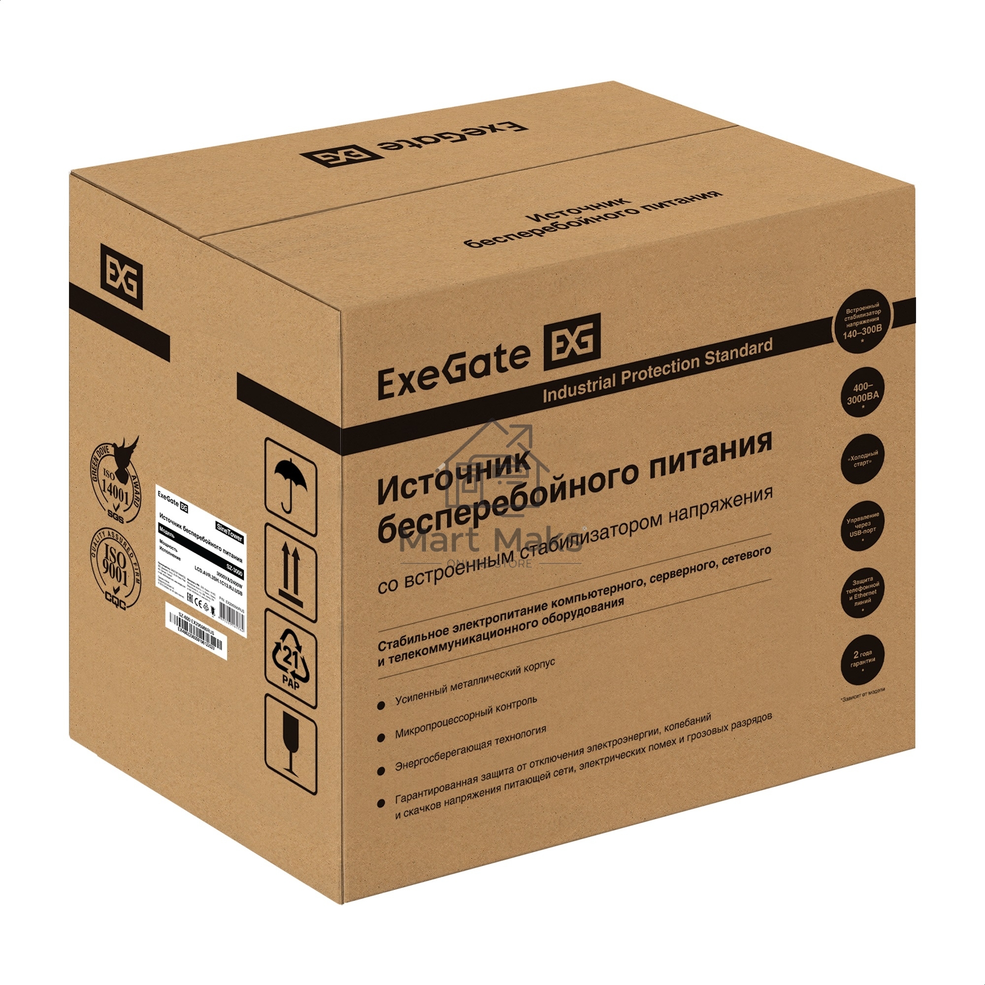 Комплект ИБП EX295990RUS + батарея 33Aч EX282974RUS 4шт (инвертор, синус, для котла) ExeGate SineTower SZ-3000.LCD.AVR.3SH.1C13.RJ.USB <3000VA/2400W, чистый синусоида, LCD дисплей, AVR, 3*Schuko+1*C13, RJ45/11, USB, линейно-интерактивный, Black> + батарея