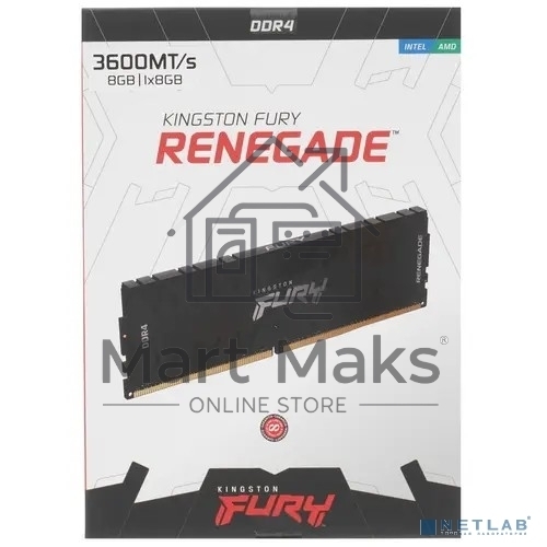 Оперативная память Kingston Fury Renegade, DDR4, 8GB (1x8GB), 3600MHz, CL16, DIMM, с радиатором, черный