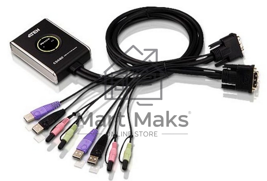 Переключатель KVM ATEN (CS682-AT) KVM+Audio, 1 user USB+DVI-D => 2 cpu USB+DVI-D, со встр.шнурами USB+Audio 2x1.2м., 1920x1200, настол., исп.стандарт.
