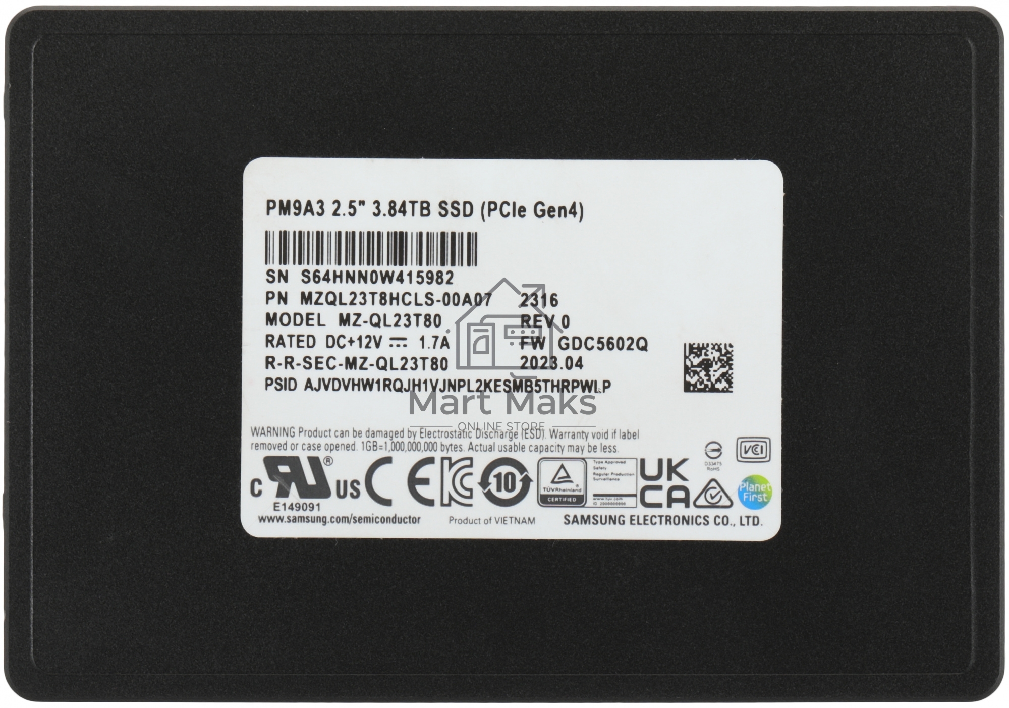 Накопитель SSD Samsung Enterprise, 3.84Tb, PCIe 3.1 x4, 2.5