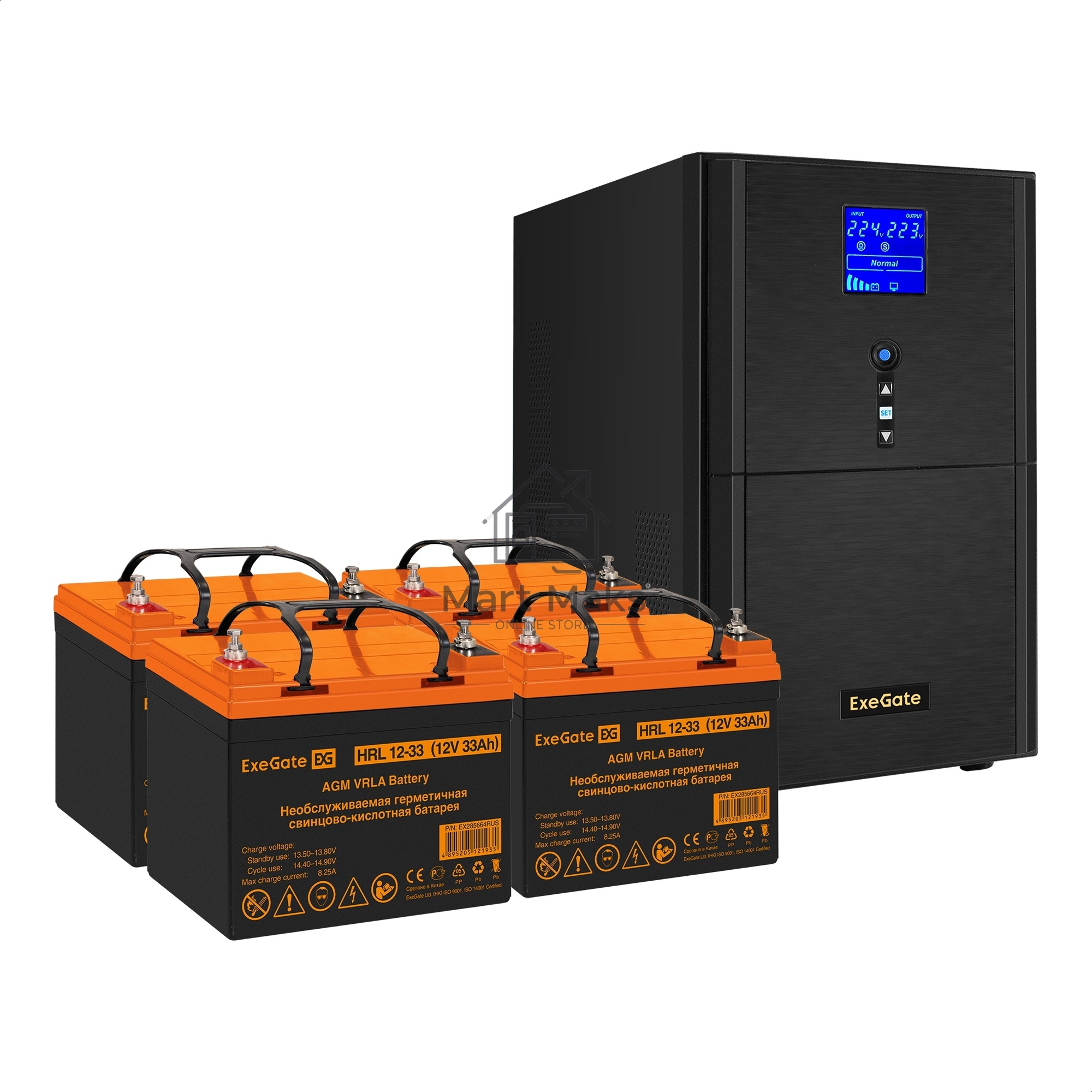 Комплект источника бесперебойного питания Exegate EX295990RUS + батарея 33Aч EX285664RUS 4шт (инвертор, синус, для котла) ExeGate SineTower SZ-3000.LCD.AVR.3SH.1C13.RJ.USB <3000VA/2400W, чистый синусоида, LCD дисплей, AVR, 3*Schuko+1*C13, RJ45/11, USB, ли