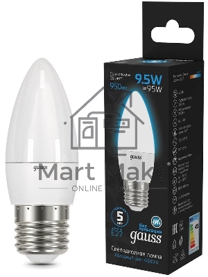 Лампа светодиодная Gauss 103102310 9.5Вт цок.:E27 свеча 220B 6500K св.свеч.бел.хол. (упак.:10шт)