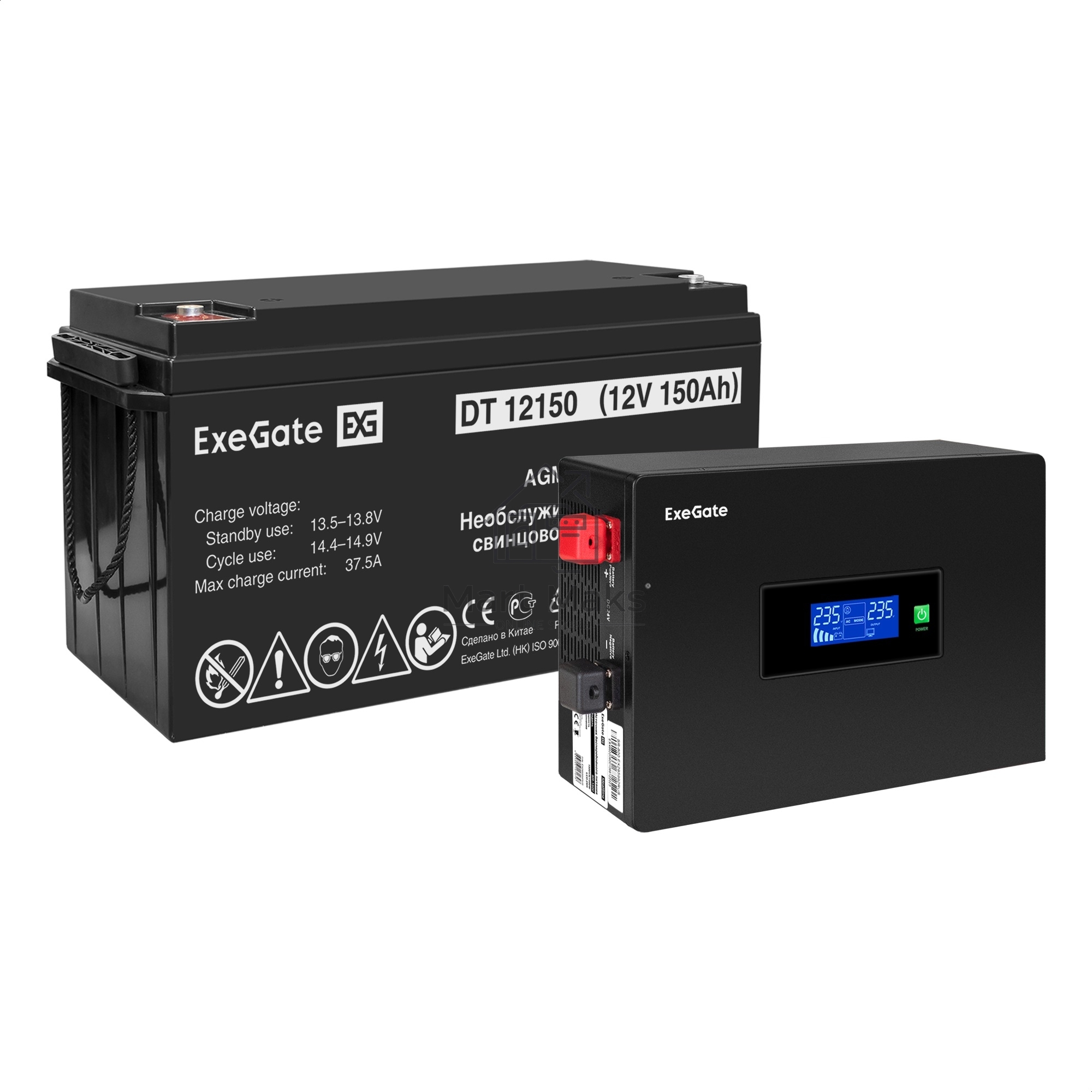 Комплект ИБП EX295992RUS + батарея 150Aч EX282990RUS 1шт (инвертор, синус, для котла, PF=1, настенный) ExeGate IdealSine SR-600.LCD.2SH <600VA/600W, чистая синусоида, цветной LCD-дисплей, 2*Schuko, крепление настенное, Black> + батарея ExeGate DT 12150 (1
