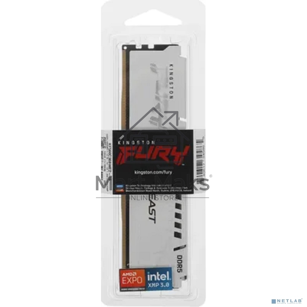 Оперативная память Kingston Fury Beast, DDR5, 16Gb (1x16Gb), 6000MHz, CL36, DIMM, с радиатором, белый