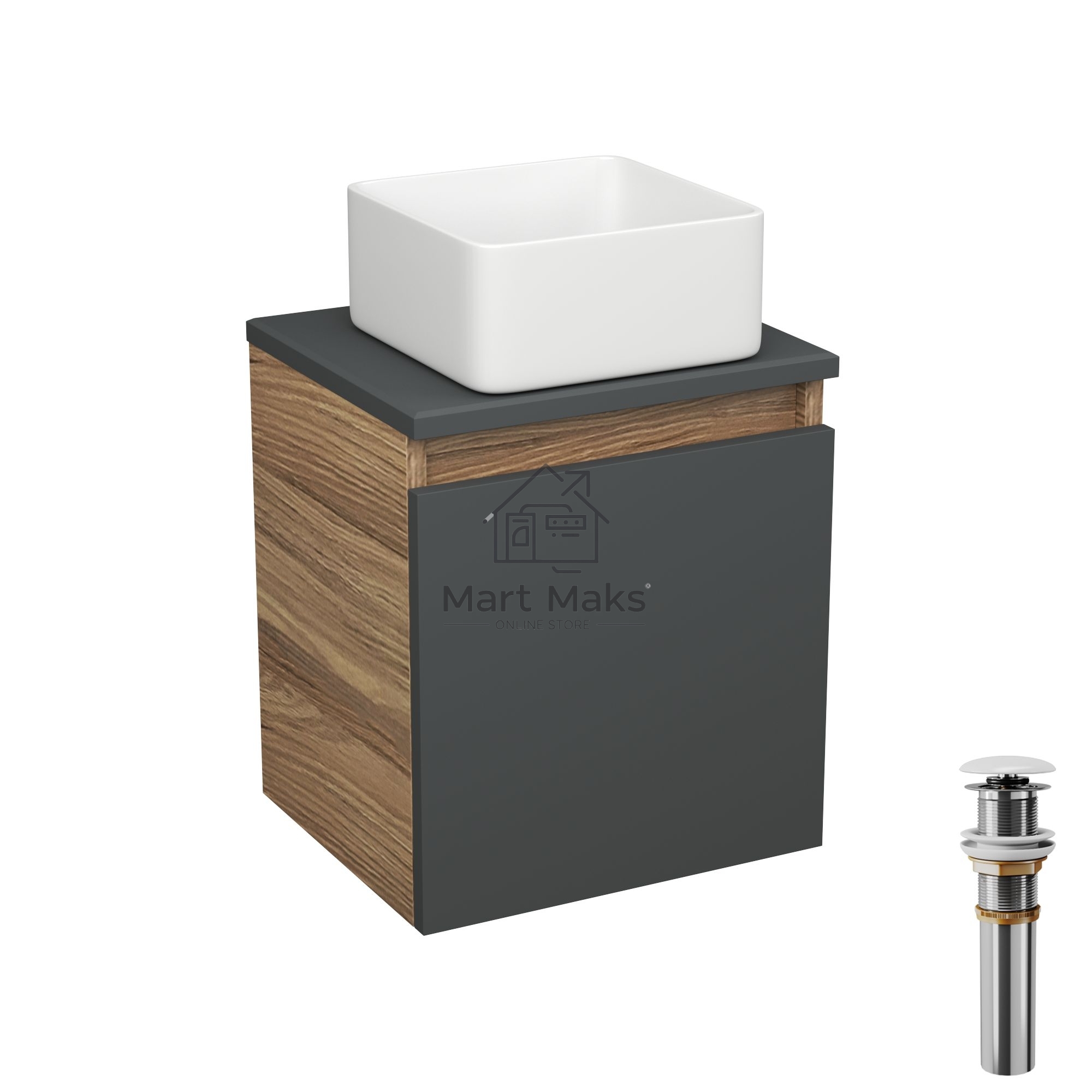 Тумба Bau Dream Blackwood 35 с ящиком, графит, раковина BAU Mini 24х24, выпуск клик клак, белый