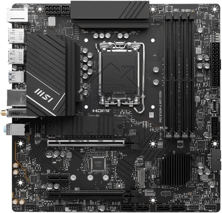 Материнская плата MSI PRO B760M-A WIFI DDR4, LGA 1700, Intel B760, 4xDDR4, 4xSATA, 2xM.2, 1xPCI-E 4.0 x16, 1xPCI-E 4.0 x4, 1xPCI-E x1, 2xHDMI, 2xDP, 1x 2.5Gb LAN, 2xUSB-A 2.0, 2xUSB-A 3.2 Gen 1, 2xUSB-A 3.2 Gen 2, 3x3.5 мм, 7.1, Micro-ATX