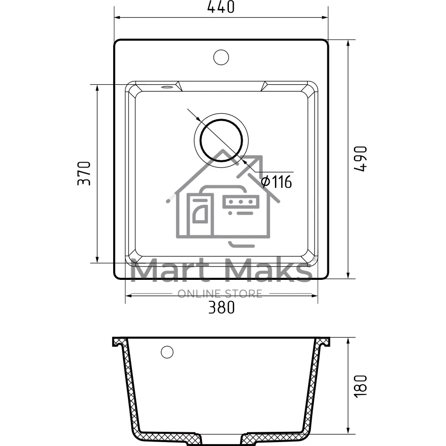 Мойка GRANFEST URBAN 644 1-чаша 440*490мм, монтаж: врезной, материал: кварц, черный