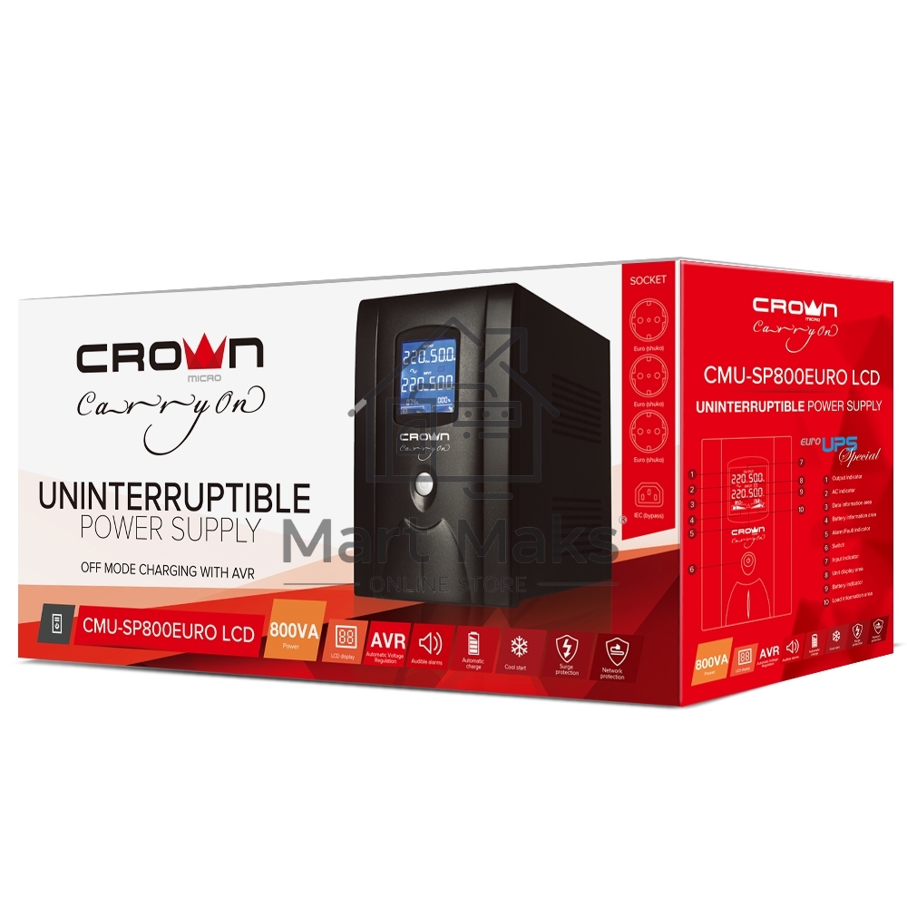 Источник бесперебойного питания CROWN 800VA/450W, металл, 1x12V/9AH, розетки 3*EURO+1*IEC bybass, трансформатор AVR 145-280V, LCD дисплей, съёмный кабель 1.2м, фильтр телефонной и ethernet линии RJ11/45, защита батареи, от перегрузки, от КЗ