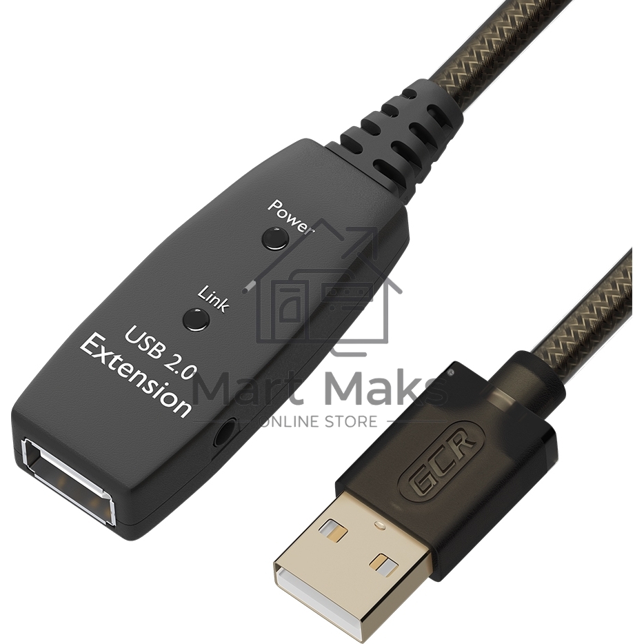 GCR Удлинитель активный 5.0m USB 2.0, AM/AF, GOLD, черно-прозрачный, с усилителем сигнала, разъём для доп.питания, 28/24 AWG
