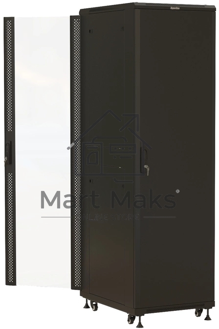 Шкаф серверный Hyperline (TTBR-4261-AS-RAL9004) напольный 42U 600x1000мм пер.дв.стекл задн.дв.спл.стал.лист 2 бок.пан. 800кг черный 910мм 2055мм IP20 сталь