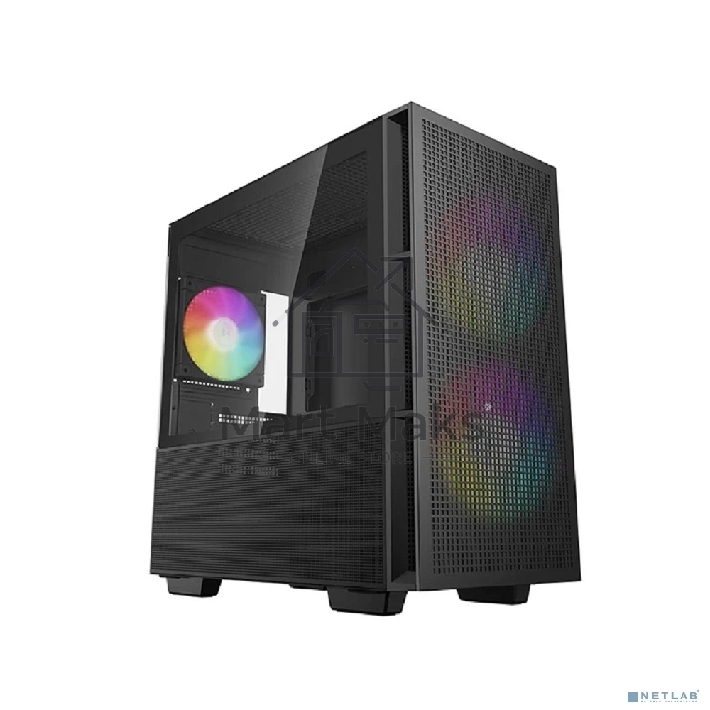 Компьютерный корпус Deepcool CH360 без БП, боковое окно (закаленное стекло), 2x140мм ARGB LED вентилятор спереди и 1x120мм ARGB LED вентилятор сзади, черный, mATX
