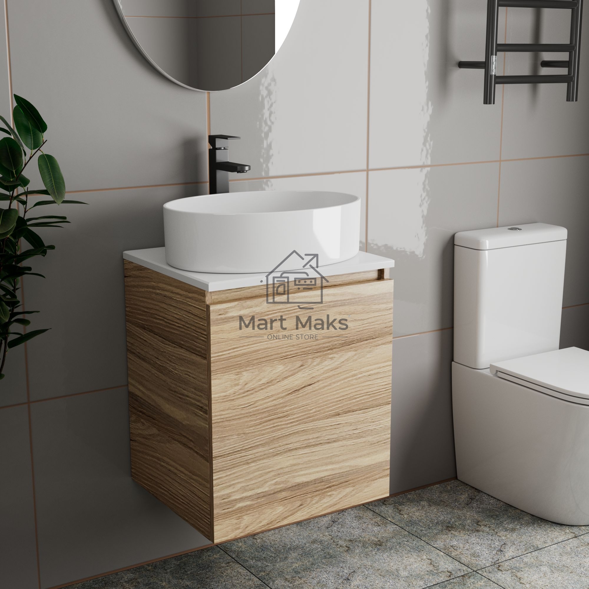 Тумба Bau Dream Blackwood 50 с дверцей, раковина BAU Nimb 50х36, смеситель для раковины высокий Hotel Black, черный