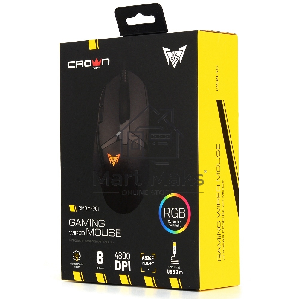 Мышь проводная Crown CMGM-901 черный, 4800 dpi, USB, кнопки - 8