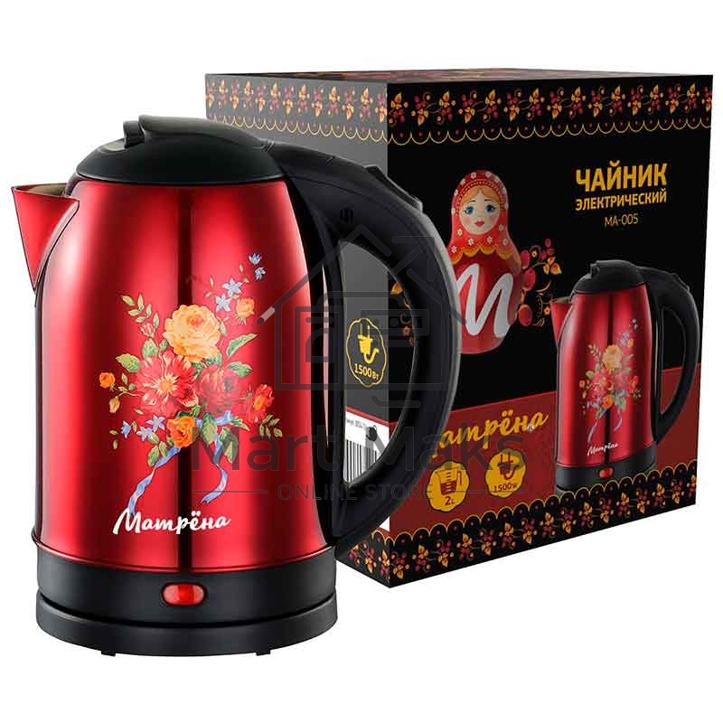 Чайник Матрена MA-005 электрический (2,0 л) стальной красный хохлома