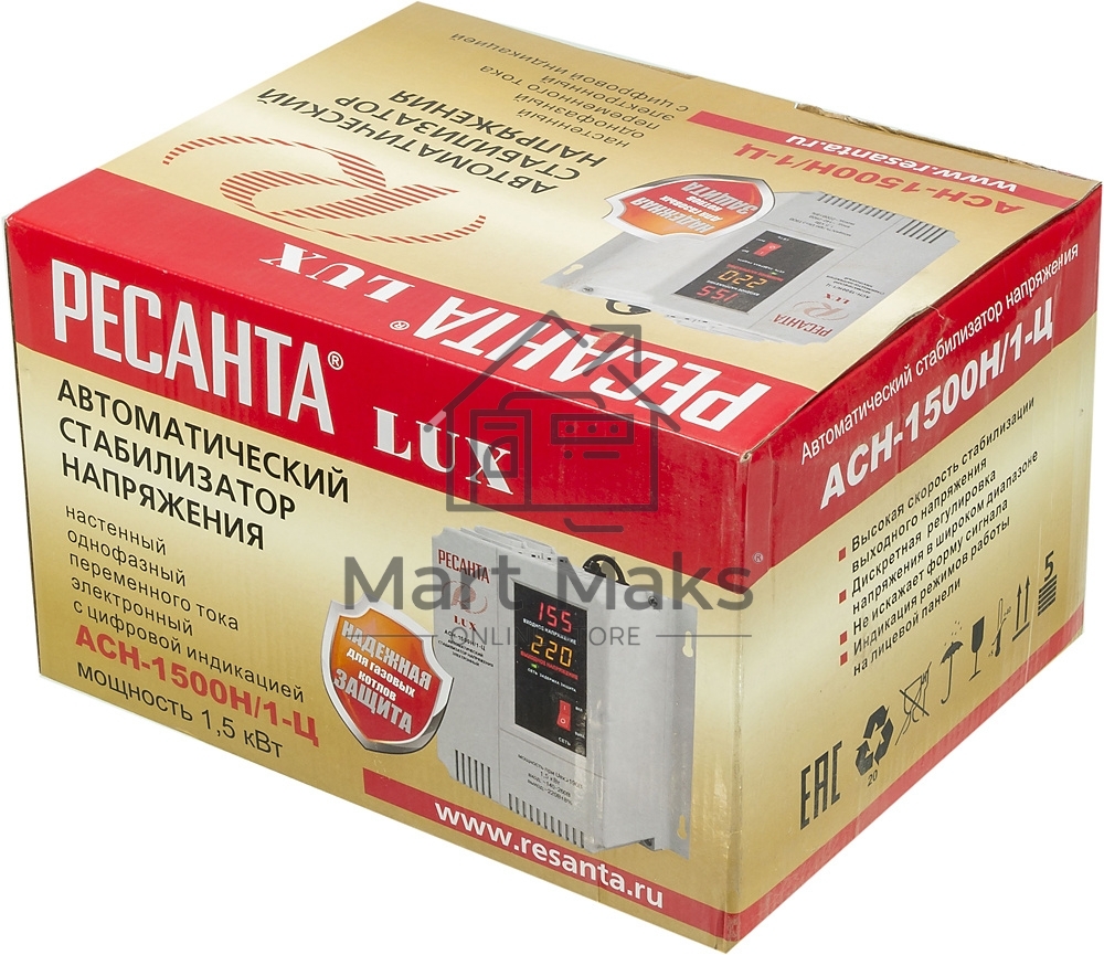 Стабилизаторы напряжения Ресанта АСН-1 500 Н/1-Ц 63/6/20 Стабилизатор Lux 220В±8%, Габариты 206х133х230, Вес 4,5кг