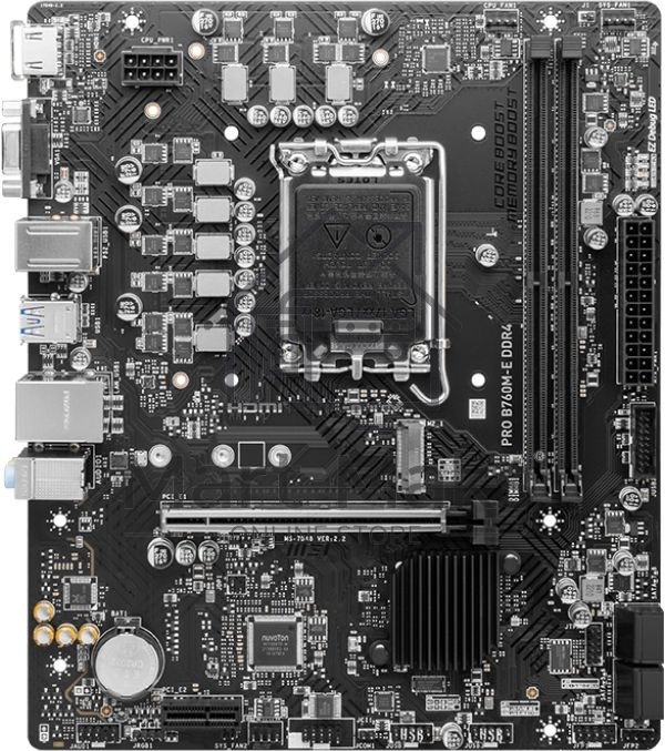 Материнская плата MSI PRO B760M-E DDR4, LGA 1700, Intel B760, 2xDDR4, 4xSATA, 1xM.2, 1xPCIe 4.0 x16, 1xPCIe 4.0 x1, 1xHDMI, 1xVGA, 1x1Gb LAN, 2xUSB-A 3.2 Gen 1, 4xUSB-A 2.0, 3x3.5 мм, 7.1, mATX