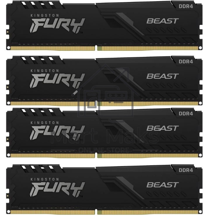 Оперативная память Kingston Fury Beast, DDR4, 128GB (4x32 GB), 3600 MHz, CL18, DIMM, с радиатором, черный