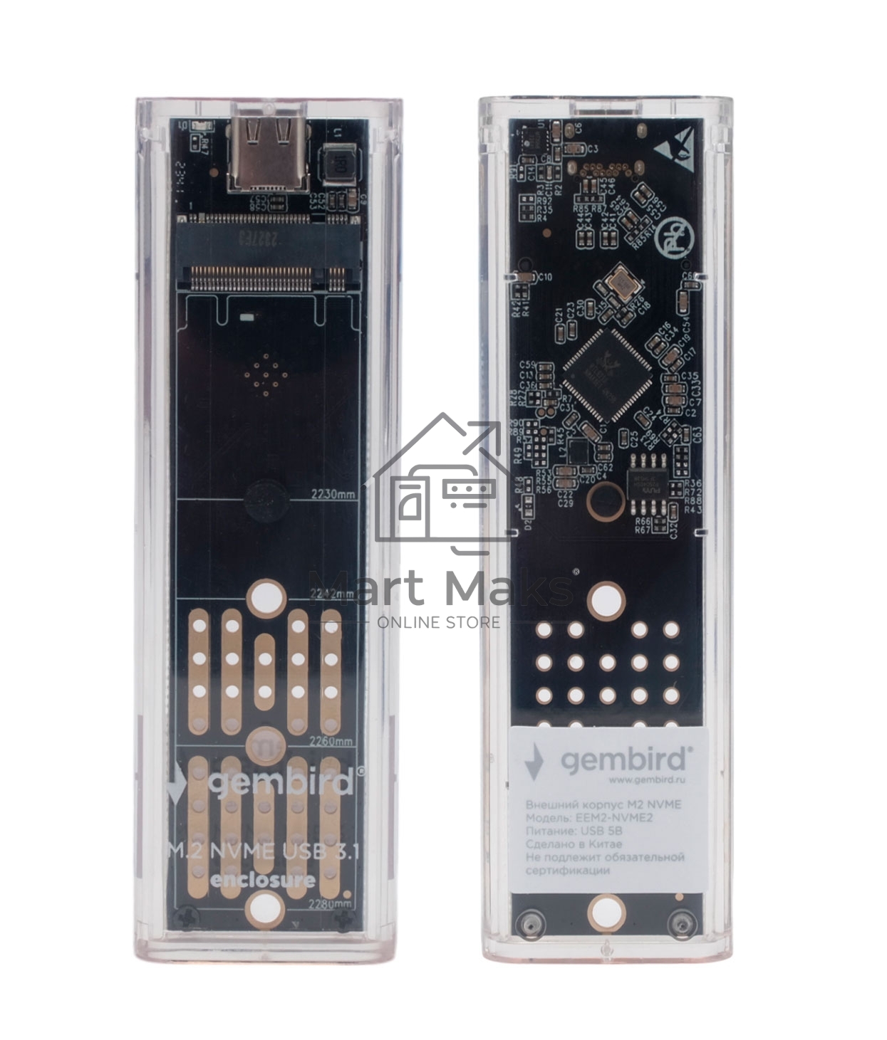 Внешний корпус Gembird EEM2-NVME-2 USB 3.1 для M2 NVME порт Type-С, пластик, прозрачный