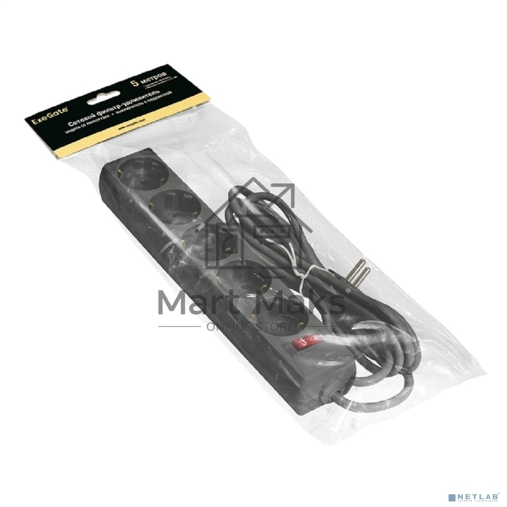 Сетевой фильтр ExeGate EX221188RUS SP-5-5B (5 розеток, 5м, евровилка, черный)