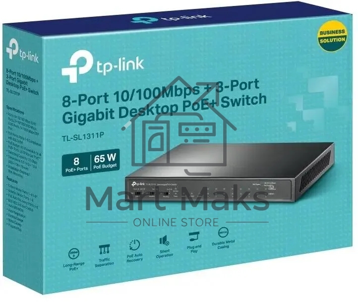 Настольный коммутатор TP-Link TL-SL1311P, 8 портов 10/100 Мбит/с с поддержкой PoE+, 2 гигабитных порта без поддержки PoE, 1 порт SFP, 802.3af/at, бюджет PoE — 65 Вт, стальной корпус
