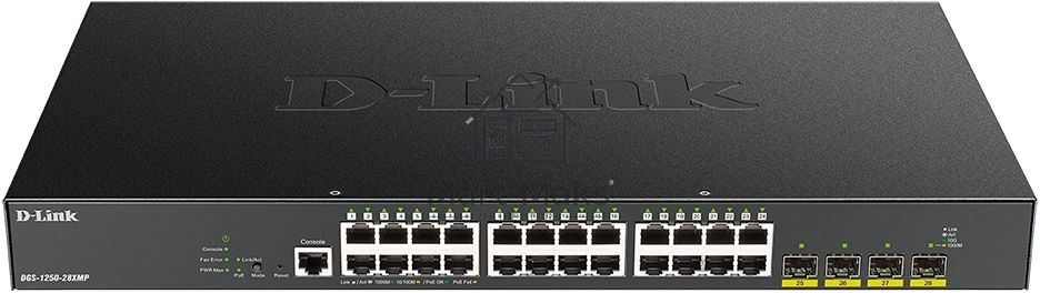 Коммутатор D-Link DGS-1250-28XMP/A1A, L2 Smart Switch with 24 10/100/1000Base-T ports and 4 10GBase-X SFP+ ports (24 PoE ports 802.3af/802.3at (30 W), PoE Budget 370W).16K Mac address, 802.3x Flow Control, 4K