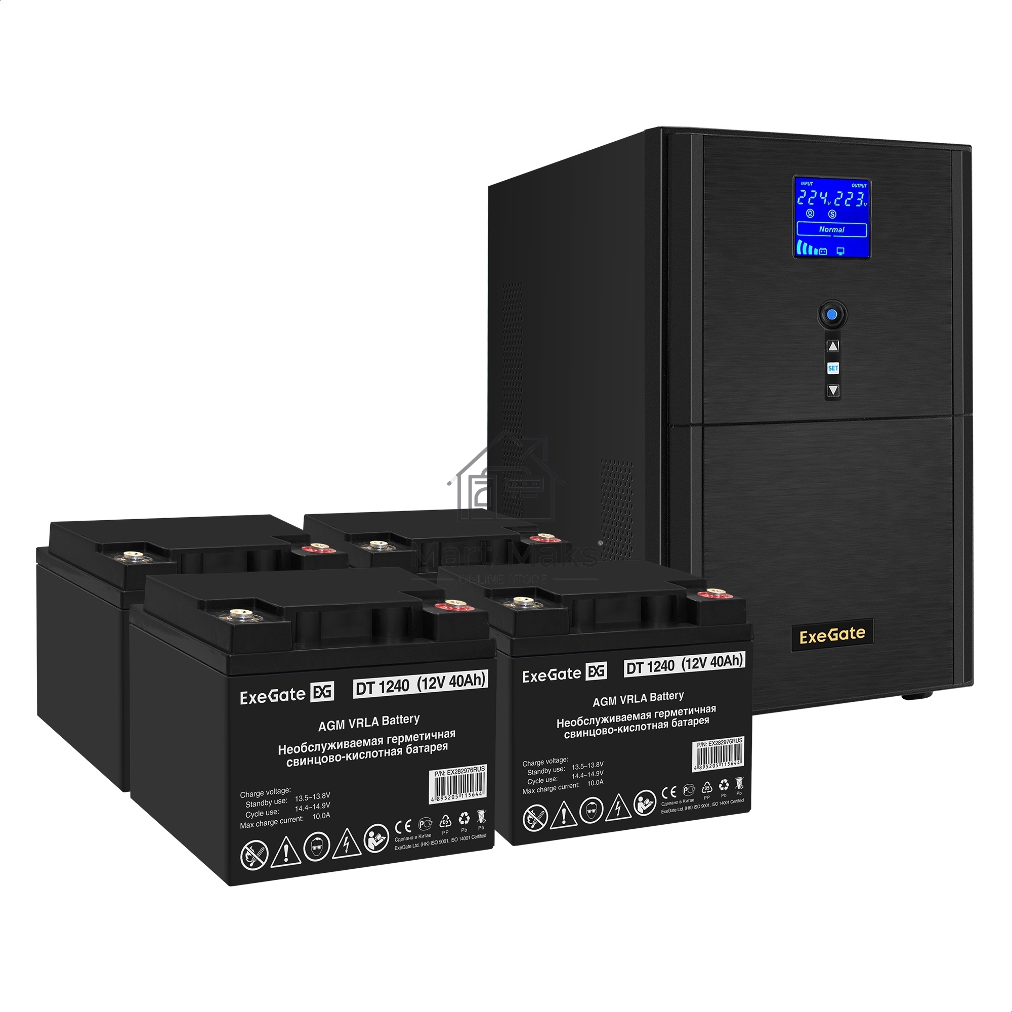 Комплект Источник бесперебойного питания EX295990RUS + батарея 40Aч EX282976RUS 4шт (инвертор, синус, для котла) ExeGate SineTower SZ-3000.LCD.AVR.3SH.1C13.RJ.USB <3000VA/2400W, чистый синусоида, LCD дисплей, AVR, 3*Schuko+1*C13, RJ45/11, USB, линейно-инт