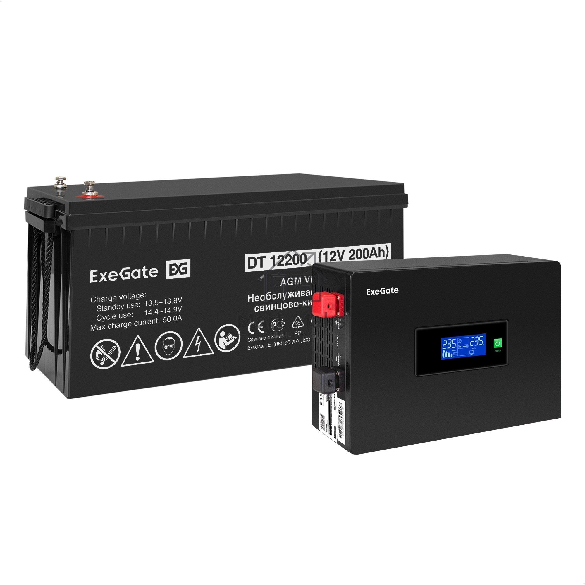 Комплект Источник бесперебойного питания EX295992RUS + батарея 200Aч EX282991RUS 1шт (инвертор, синус, для котла, PF=1, настенный) ExeGate IdealSine SR-600.LCD.2SH <600VA/600W, чистая синусоида, цветной LCD-дисплей, 2*Schuko, крепление настенное, Black> +