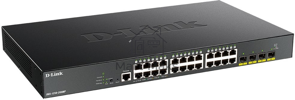 Коммутатор D-Link DGS-1250-28XMP/A1A, L2 Smart Switch with 24 10/100/1000Base-T ports and 4 10GBase-X SFP+ ports (24 PoE ports 802.3af/802.3at (30 W), PoE Budget 370W).16K Mac address, 802.3x Flow Control, 4K