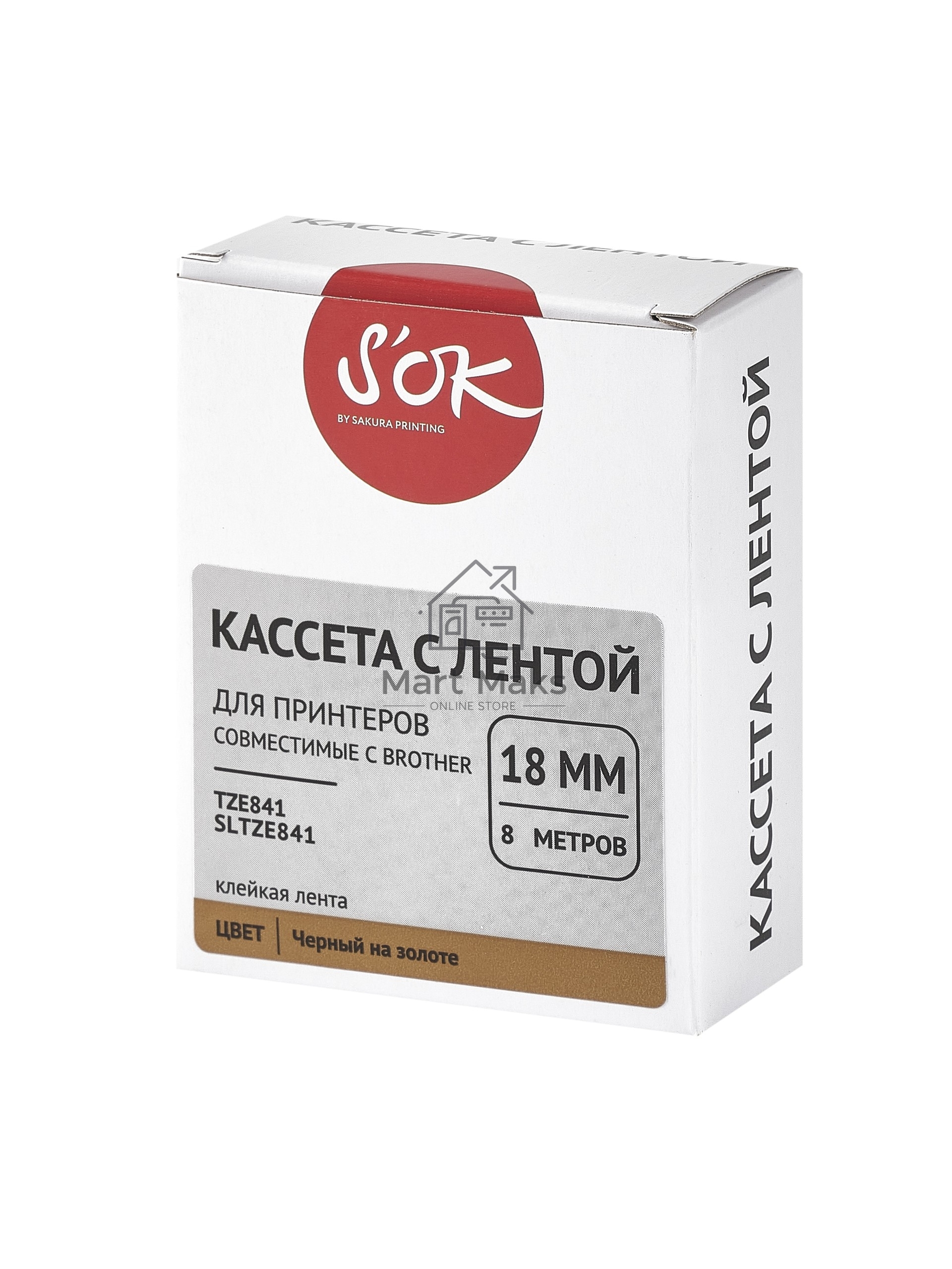 Кассета с лентой S'OK by Sakura Printing TZE841 для Brother, черный на золотом, 18мм/8м, наклейка