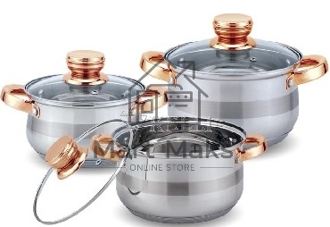 Набор посуды KELLI KL-4216 6 пред.(Кастрюля с жаропрочной стекл. крышкой 2.1л. Кастрюля с жаропрочной стекл. крышкой 3л. Кастрюля с жаропрочной стекл. крышкой 4л. Мерная шкала внутри. Высококачественная нерж. сталь 18/10. 5-ти слойное капсульное дно.)