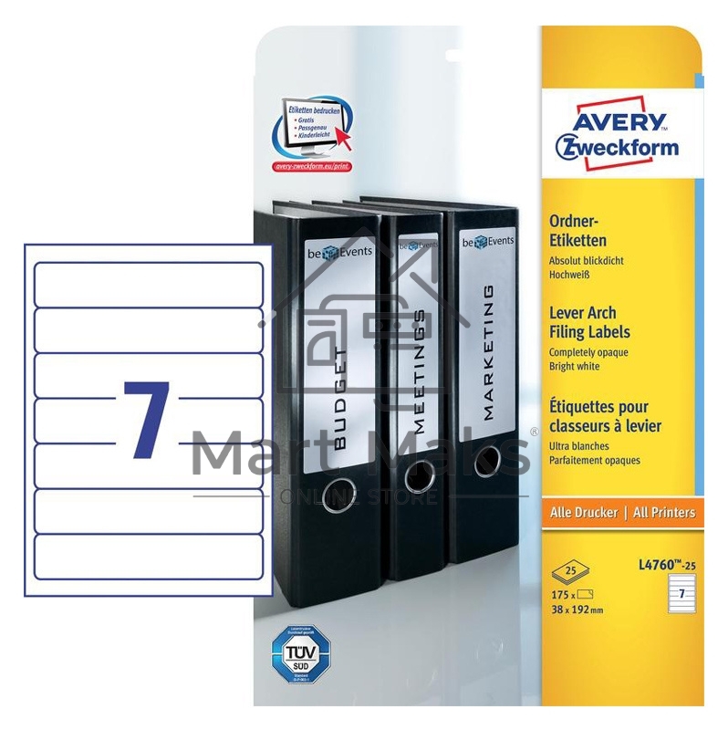 Этикетки Avery Zweckform L4760-25 A4 38x192мм 7шт на листе/80г/м2/25л./белый самоклей. универсальная