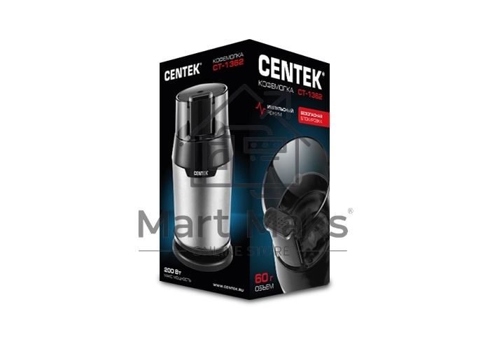 Кофемолка Centek CT-1362 (сталь) 200Вт, 60гр, стальн стакан, стальн чаша, прозрачная крышка