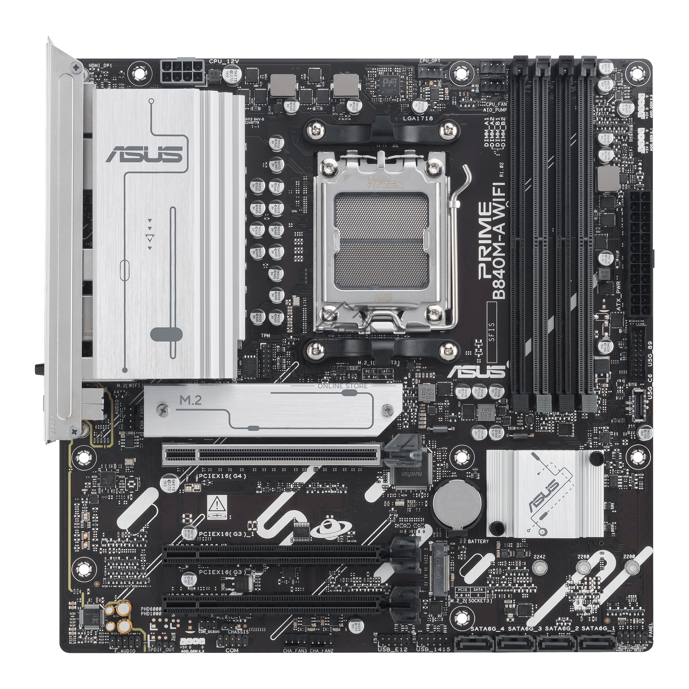Материнская плата ASUS PRIME B840M-A WIFI, AM5, AMD B840, 4xDDR5, 4xSATA III, 3xM.2, 1xPCIe 4.0 x16, 2xPCIe 3.0 x16 (x1), 2xDP, 1xHDMI, 1x 2.5Gb LAN, Wi-Fi 6E, 2xUSB-A 10Gbps, 1xUSB-C 5Gbps, 4xUSB-A 2.0, 3x3.5 мм, 7.1, micro-ATX