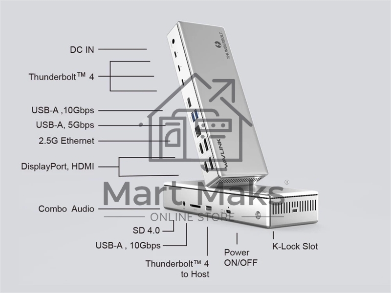 Док-станция WAVLINK Thunderbolt 4 Quad Display/96W Power Delivery Include 20V/11.5A Power Adapter/4xUSB3.0/3xThunderbolt 4/2xDP 4K 60HZ/2xHDMI 4K 60HZ/1xGigabit LAN/1xCombo Audio Jack/1xCardReader