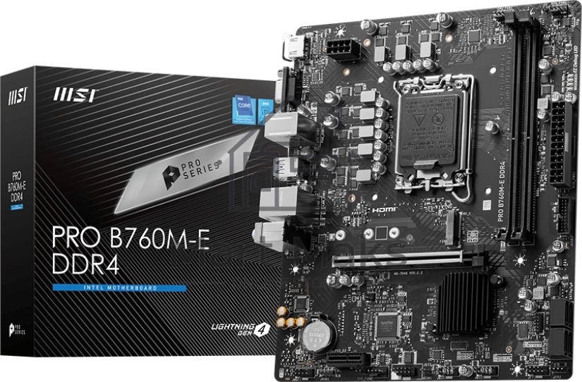 Материнская плата MSI PRO B760M-E DDR4, LGA 1700, Intel B760, 2xDDR4, 4xSATA, 1xM.2, 1xPCIe 4.0 x16, 1xPCIe 4.0 x1, 1xHDMI, 1xVGA, 1x1Gb LAN, 2xUSB-A 3.2 Gen 1, 4xUSB-A 2.0, 3x3.5 мм, 7.1, mATX