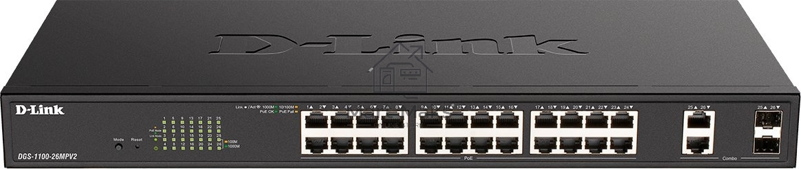 Настраиваемый L2 коммутатор D-Link DGS-1100-26MPV2/A3A с 24 портами 10/100/1000Base-T и 2 комбо-портами 1000Base-T/SFP (24 порта PoE 802.3af/at, PoE-бюджет 370 Вт)