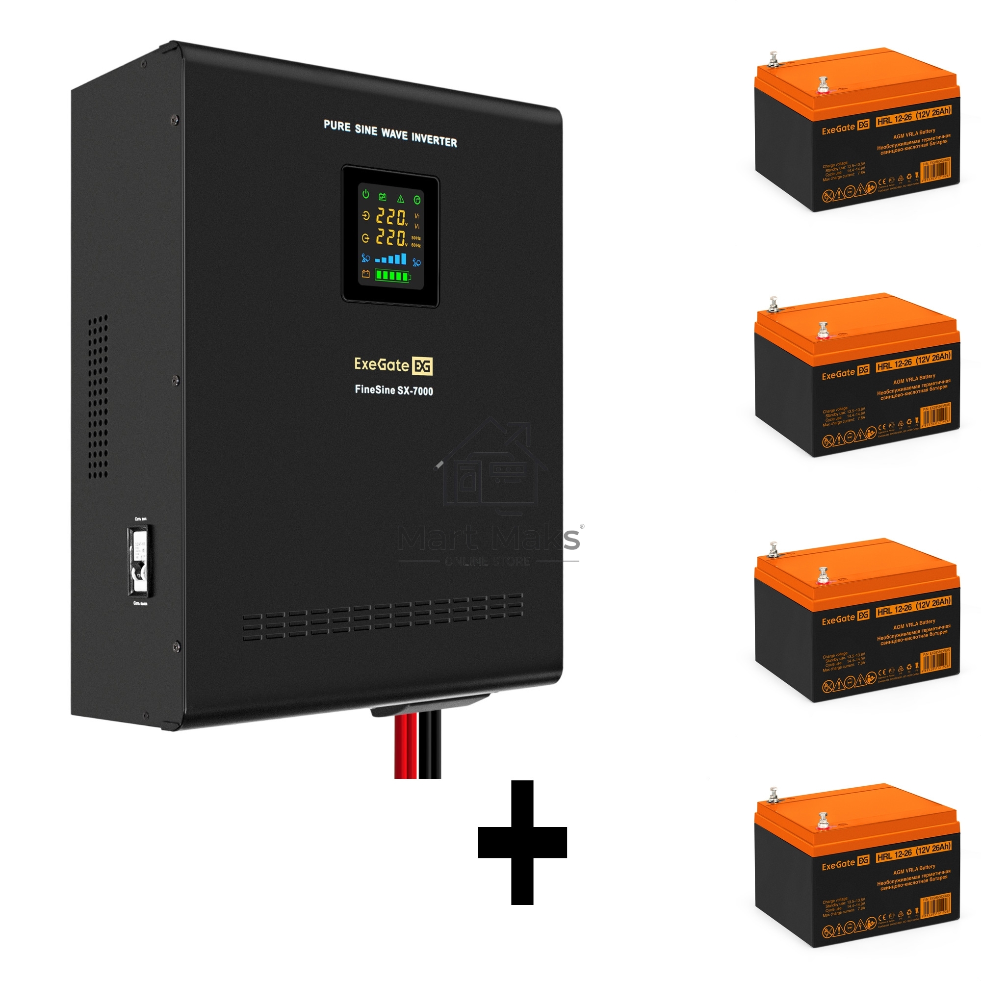 Комплект ИБП EX296005RUS + батарея 26Aч EX285663RUS 4шт (инвертор, синус, для котла, настенный) ExeGate FineSine SX-7000.LCD.AVR.2SH.T <7000VA/5000W, чистая синусоида, цветной LCD-дисплей, AVR, 2*Schuko+клеммы, линейно-интерактивный, крепление настенное, 