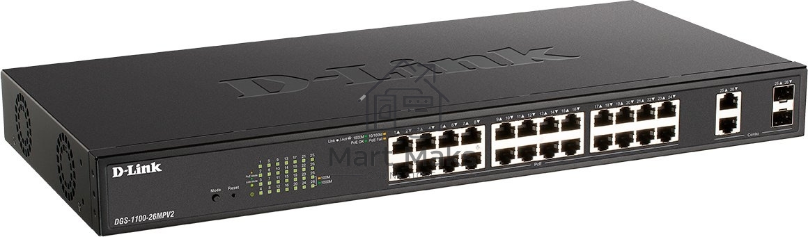 Настраиваемый L2 коммутатор D-Link DGS-1100-26MPV2/A3A с 24 портами 10/100/1000Base-T и 2 комбо-портами 1000Base-T/SFP (24 порта PoE 802.3af/at, PoE-бюджет 370 Вт)