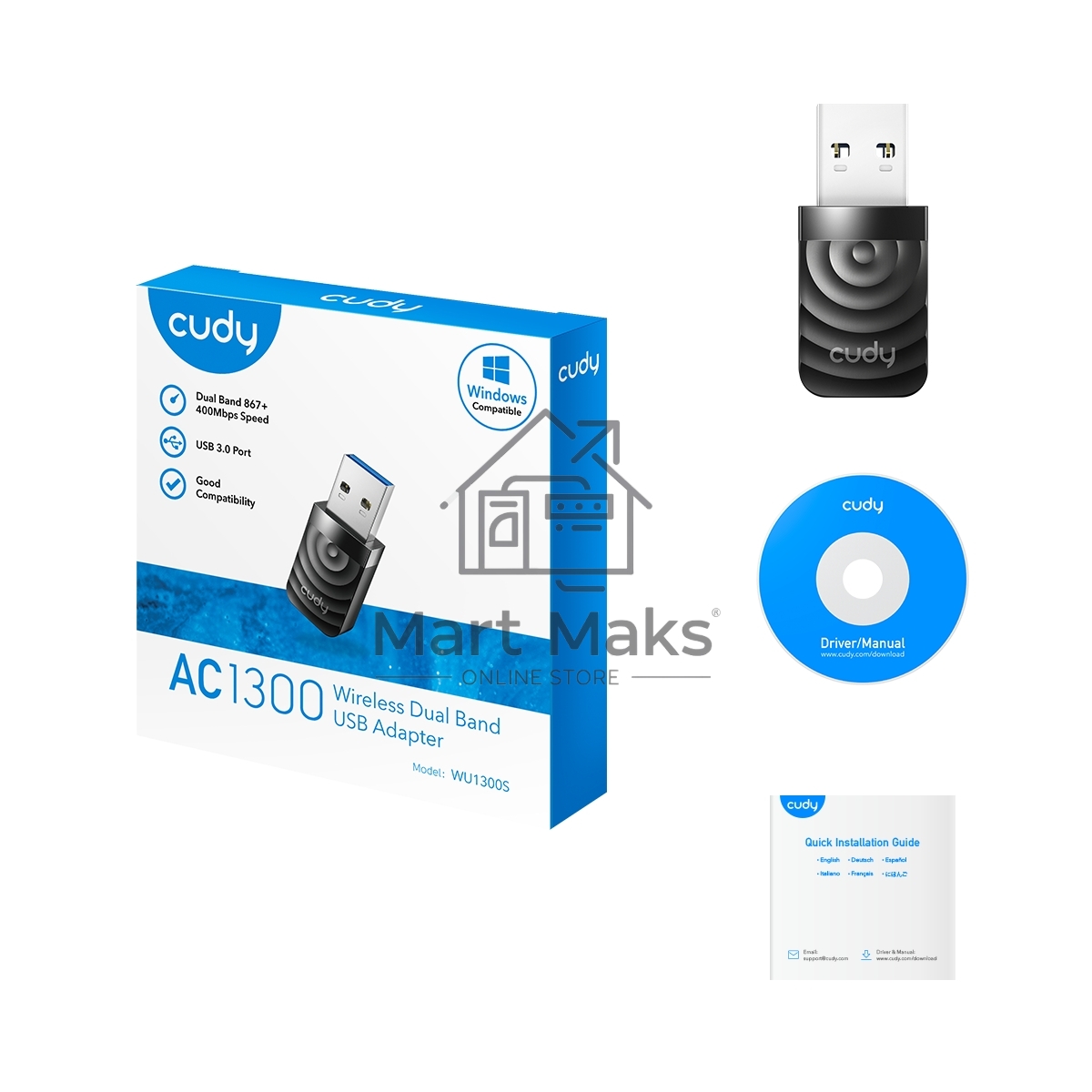 Сетевой адаптер Wi-Fi Cudy WU1300S AC1300 USB 3.0 (ант.внутр.) 1ант.