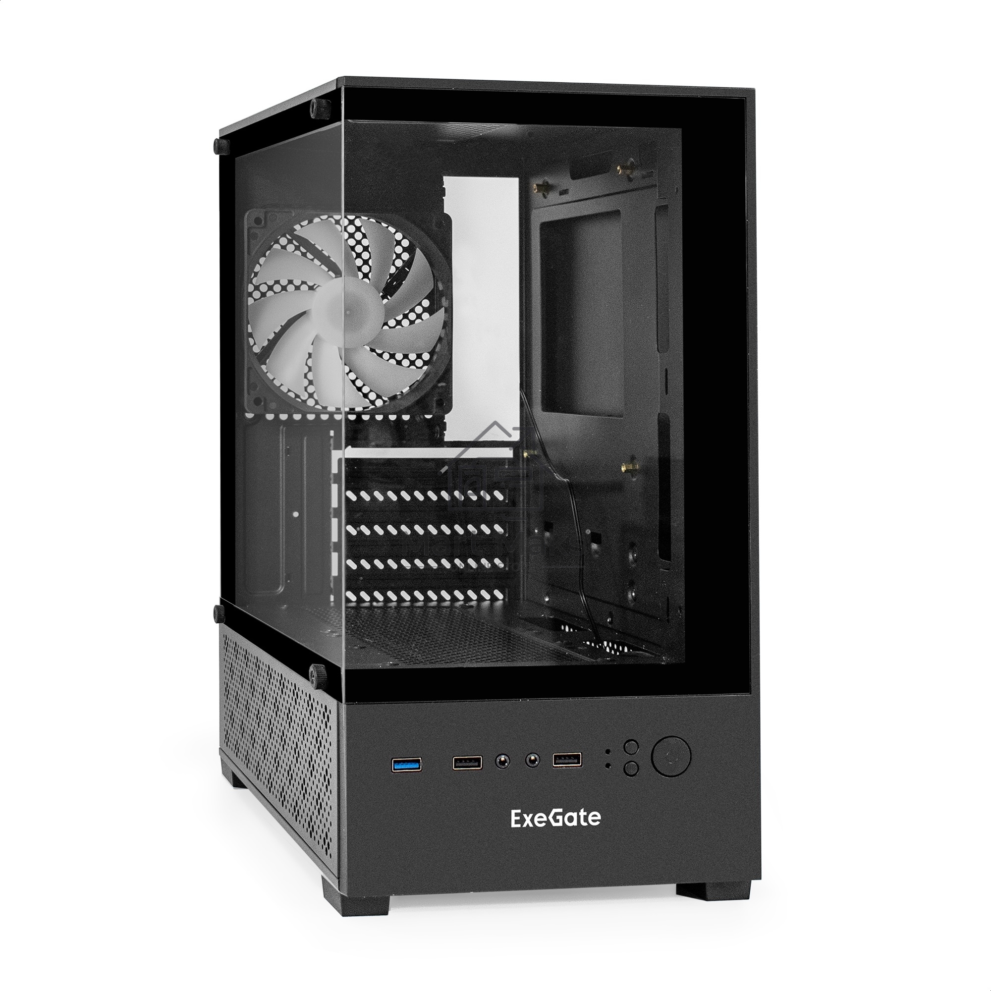Компьютерный корпус Minitower ExeGate i3 SEA (mATX, БП 500NPX, 2*USB+1*USB3.0, HD аудио, черный, 1 вент. 12см с RGB подсветкой, передняя и боковая панели - закаленное стекло)