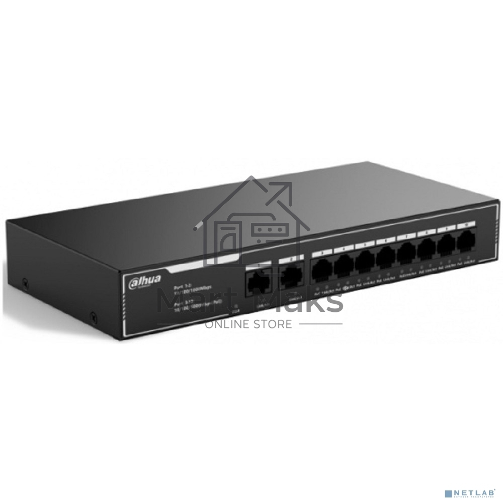 Коммутатор гигабитный 10-портовый неуправляемый c PoE Dahua DH-SG1010LP, 8xRJ45 1Gb PoE, 2xRJ45 1Gb uplink, суммарно 65Вт, коммутация 20 Гбит/с, MAC-таблица 2K, металл