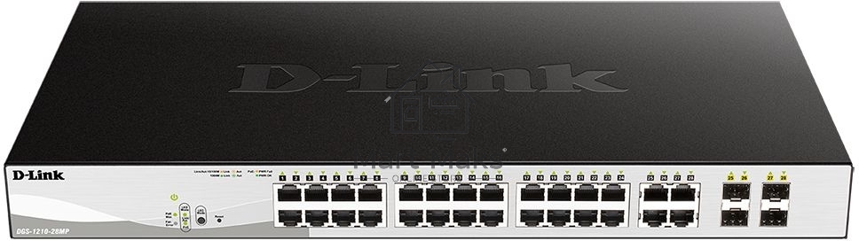 Коммутатор D-Link DGS-1210-28MP/FL1A, L2 Managed Switch with 24 10/100/1000Base-T ports and 4 100/1000Base-T/SFP combo-ports (24 PoE ports 802.3af/802.3at (30 W), PoE Budget 370 W).8K Mac address, 802.3x Flow C